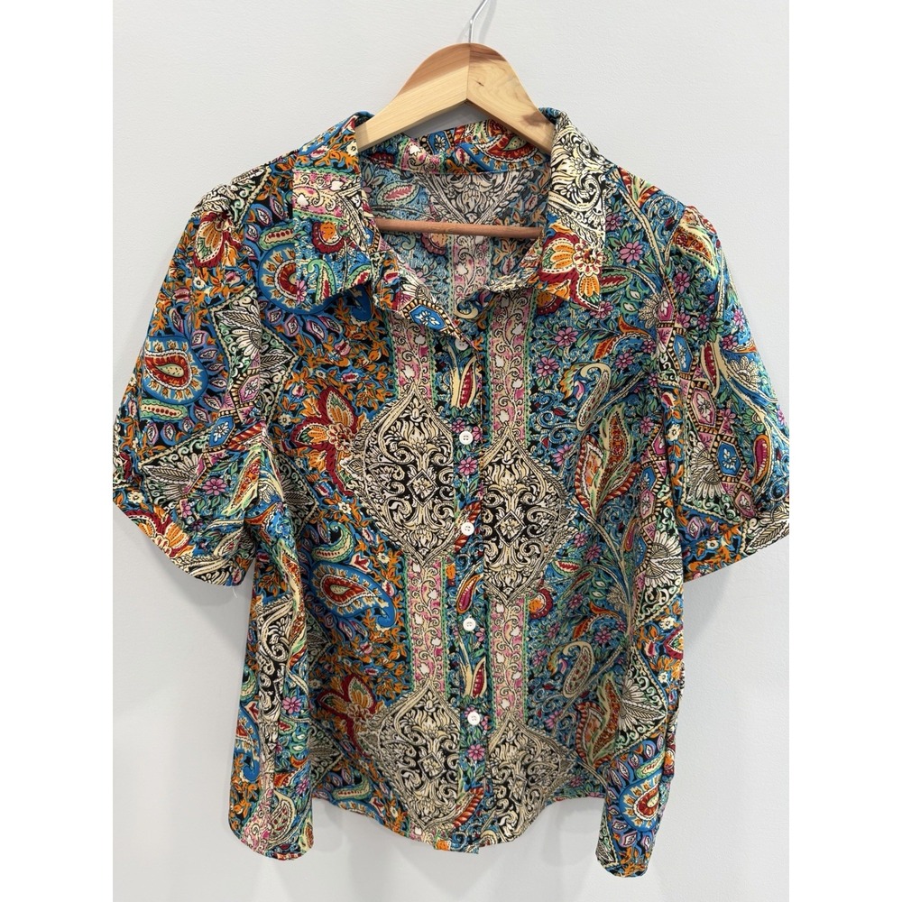 Emery Rose 1XL Women's Paisley Button Front Blouse Colorful Boho Shirt Retro